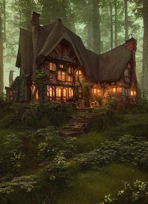 Image similar to hyper realistic homely witch cottage with random architectural styles, in the woods gorgeous lighting, highly detailed, lush forest painting by norman rockwell, james gurney zdzisław beksinski and norman rockwell and greg rutkowskiweta octane render