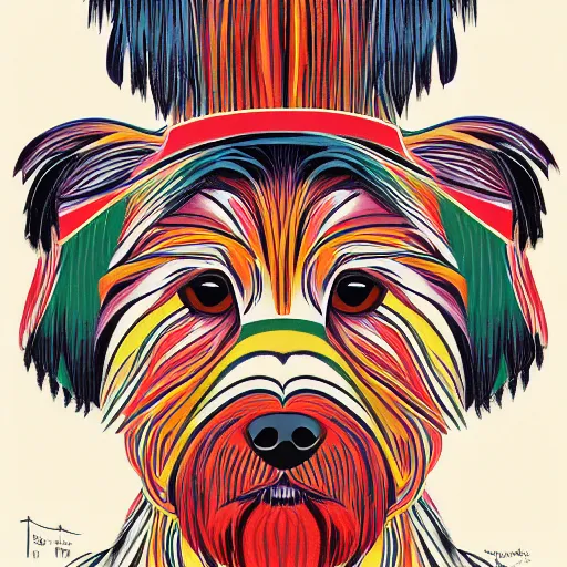 Image similar to tlingit haida lithograph, portrait of havanese dog, simplified forms, multiple colors, print by tristan - wolf reg davidson clifton guthrie maynard johnny jr.