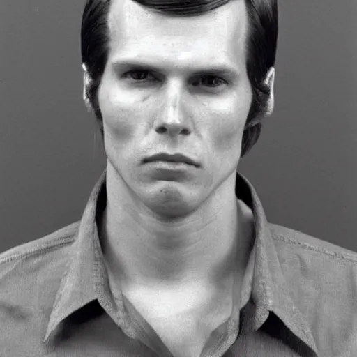 Image similar to A mugshot portrait of a man who looks like Jerma985 with short length wavy hair, a combover and wearing late 1970s menswear in the late 1970s, taken in the late 1970s, grainy, realistic, hyperrealistic, very realistic, highly detailed, very detailed, extremely detailed, detailed, trending on artstation, front facing, front view, headshot and bodyshot, detailed face, very detailed face