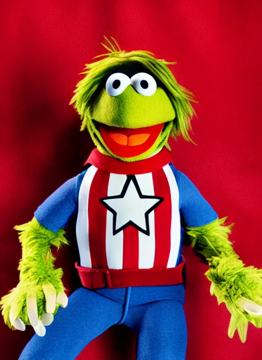 Prompt: studio portrait still of muppet captain america as a muppet muppet as a muppet, 8 k, studio lighting, key light,