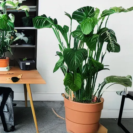 Image similar to plants for hire as office interns. working plants, plants in business casual outfits. plants wearing pants.