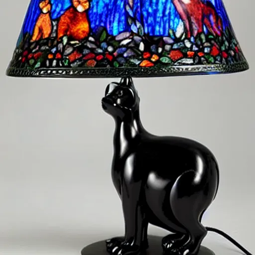 Image similar to a lamp in the shape of a cat with black accents designed by louis comfort tiffany