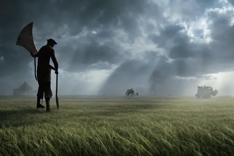 Image similar to concept art, a stage, man with scythe, mowing of the hay, traditional romanian clothing, dramatic lighting, beautiful, volumetric lighting, colorful, octane render