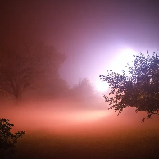 Image similar to poor neighborhood, overgrown, photo taken from a porch, fog rolling along the ground, ethereal, police lights shining off camera