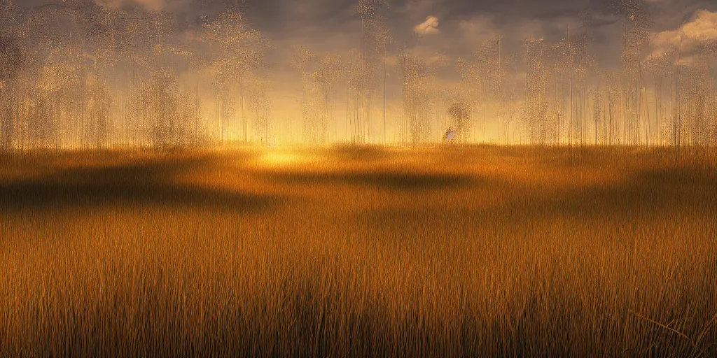 Prompt: tall yellow grass savannah, patches of wetland with red reeds, sparse scraggy trees, golden hour lighting, fantasy digital art, trending on artstation