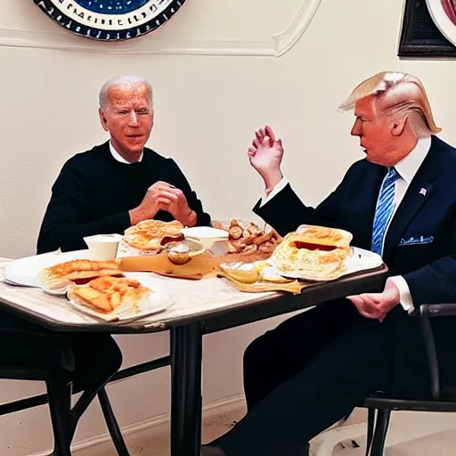 Image similar to photograph of trump and Biden sitting and eating breakfast at a Wafflehouse