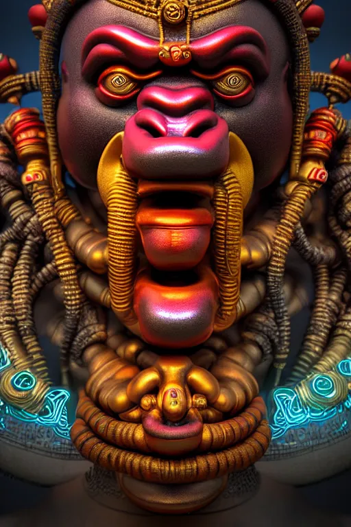 Image similar to high quality 3 d render post - rococo cyberpunk hanuman! head building, neon madhubani, open mouth, highly detailed, in sci - fi new delhi, cinematic smooth unreal engine, lee madgwick & liam wong, dramatic light, low angle, uhd 8 k, sharp focus