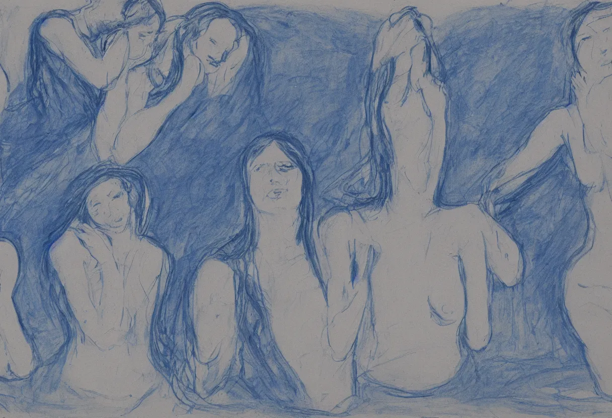 Prompt: a blue drawing of 3 maria's in a landscape crying