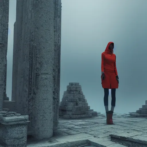 Prompt: high - tech space cult woman with hoodie looking at floating islands while standing on ruins of ancient temple, foggy of a ancient temple in temple dramatic lighting, epic, octane render, volumetric light, unreal engine, artbreeder, 8 k, background, scene