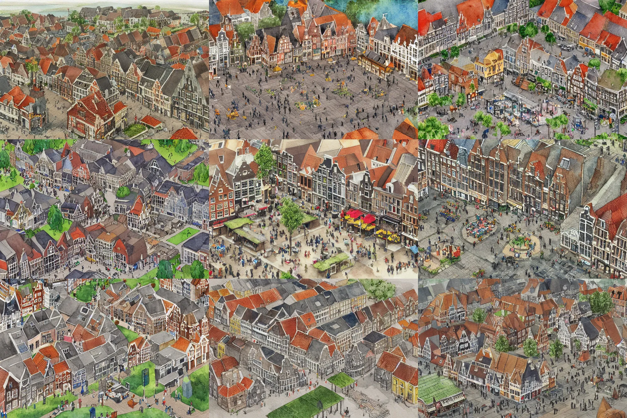 Prompt: the town square of a typical dutch town, isometric aerial watercolor by anton pick. very detailed, whimsical, wimmelbild