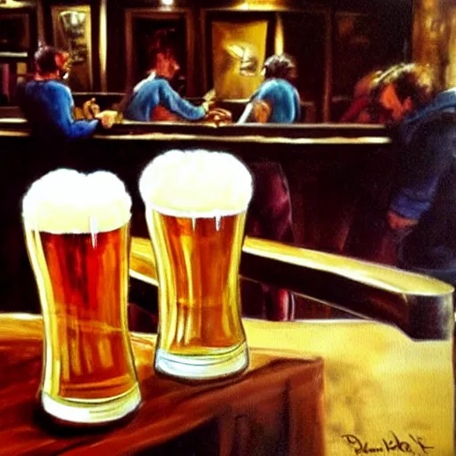 Image similar to A pint of beer sitting on a bar as painted by Don Bluth