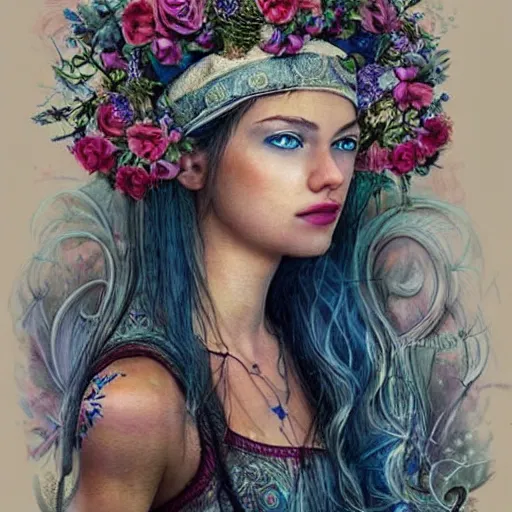 Image similar to incredibly beautiful portrait of A girl who looks like a priestess of love. With a gorgeous wreath of flowers on her head and blue eyes. White hair. Tattoo