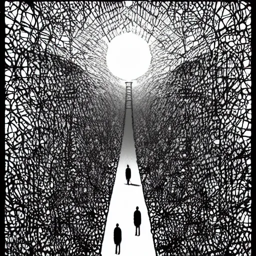 Prompt: by apollonia saintclair, by carsten meyerdierks depressing, tranquil mayan. a illustration of a group of flying islands, each with its own unique landscape, floating in the night sky. the islands are connected by a network of bridges. a small group of people can be seen walking along one of the bridges.