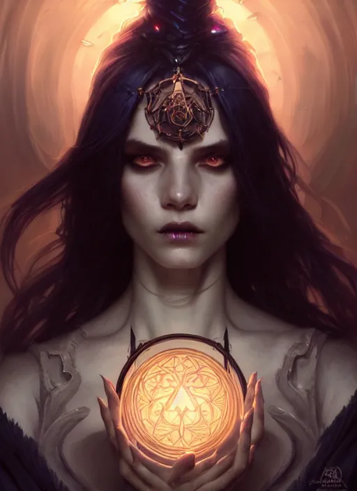 Image similar to Necromancer Sorceress, fantasy magic, undercut hairstyle, dark light night, intricate, elegant, sharp focus, illustration, highly detailed, digital painting, concept art, matte, art by WLOP and Artgerm and Greg Rutkowski and Alphonse Mucha, masterpiece