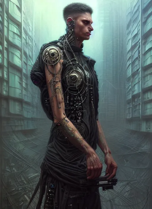 Image similar to portrait shot of a cyberpunk male in a scenic dystopian environment, intricate, elegant, highly detailed, centered, digital painting, artstation, concept art, smooth, sharp focus, illustration, artgerm, tomasz alen kopera, peter mohrbacher, donato giancola, joseph christian leyendecker, wlop, boris vallejo