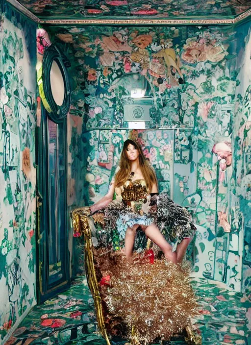 Image similar to a beautiful girl in a gucci x yeezy collab outfit is creating a new city, mini magic city, hidden doors, magical details, high detail, 8 k, perfect faces, photographed by maurizio cattelan and pierpaolo ferrari with the art direction of micol talso for toiletpaper creative magazine