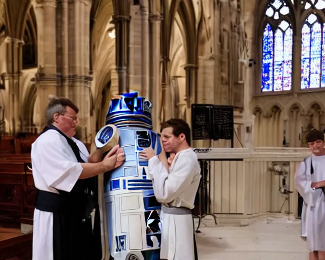 Prompt: R2D2. Getting baptised. In a large Cathedral. In front of family and friends