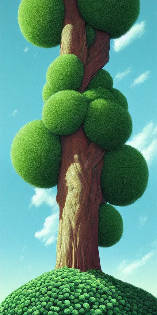 Image similar to an impossibly tall pompom tree with an extremely long trunk looming above the viewer, viewed from below, digital illustration by artgerm and rutkowski and kunstler, surreal, photorealistic