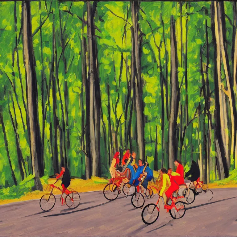 Image similar to riding neon bycicles in the woods, painted by Alex Katz, painted by Edward Hopper, airbrush