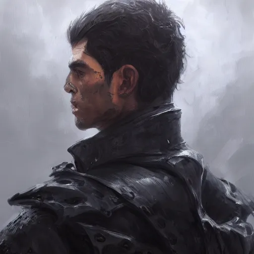 Prompt: reflective black-scaled thin chaotic neutral DnD man wearing a biker jacket and holding a scimitar, DnD Character, Oil Painting, Greg Rutkowski, head view, beautiful portrait, trending on artstation, character, smug