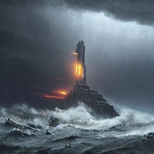 Image similar to star wars concept art by greg rutkowski, a brutalist giant tower in the middle of a raging and stormy ocean, lightning storm and gale force winds, dark environment, dramatic atmosphere, artstation hq.