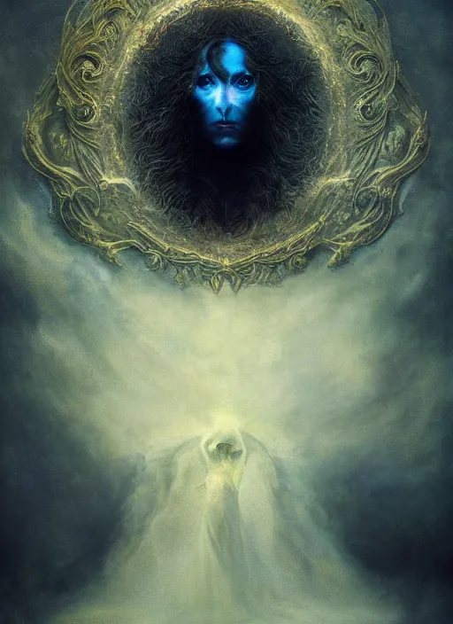 Prompt: Her huge ominous glowing blue eyes staring into my soul , perfect eyes, agostino arrivabene, WLOP, Tomasz strzalkowski, 8k portrait render, raven angel wings, beautiful lighting, dark fantasy art, rococo, gold filigree, cgsociety