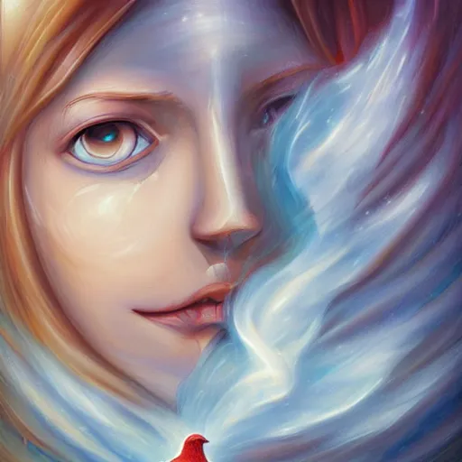 Prompt: by cyril rolando sigma 8 5 mm f / 1. 4, ghostly fresco. a beautiful painting of a human face with a bird's beak protruding from the forehead.