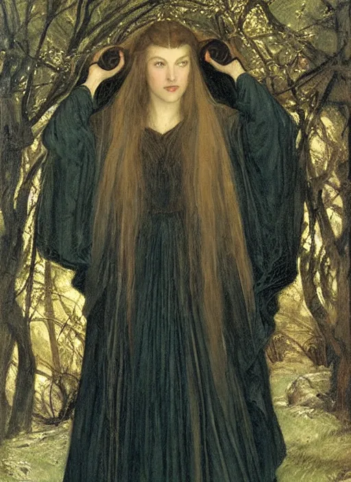 Image similar to a portrait of galadriel in lothlorien, by thomas cooper gotch and simeon solomon