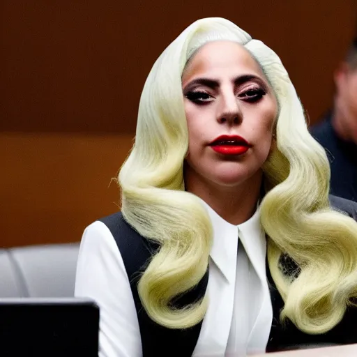 Prompt: lady gaga in a courtroom suing the hamburgler