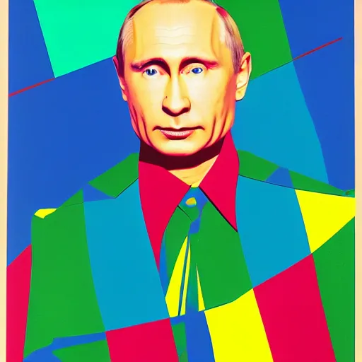 Prompt: portrait of Vladimir Putin looking very sly, bold 80's style, colourful, Memphis Group