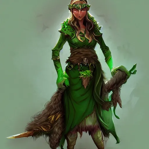 Image similar to elf druid with messy brown hair, green cloak, character art, trending on artstation,