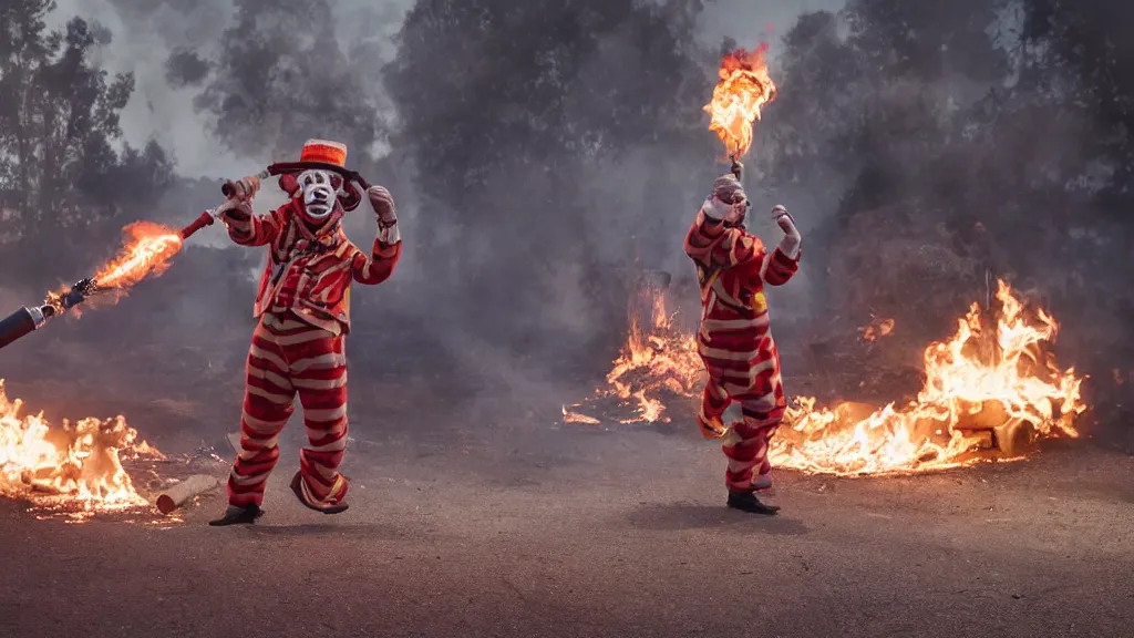 Image similar to photo of a clown using a flamethrower. In the background there is a fire. award-winning, highly-detailed, 8K