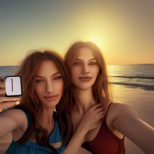 Image similar to beautiful serene intricate portrait of identical twin women, taking a selfie, smiling softly, relaxing on the beach, wearing casual clothes golden hour, soft focus, 8 k, art by irakli nadar, hyperrealism, hyperdetailed, ultra realistic