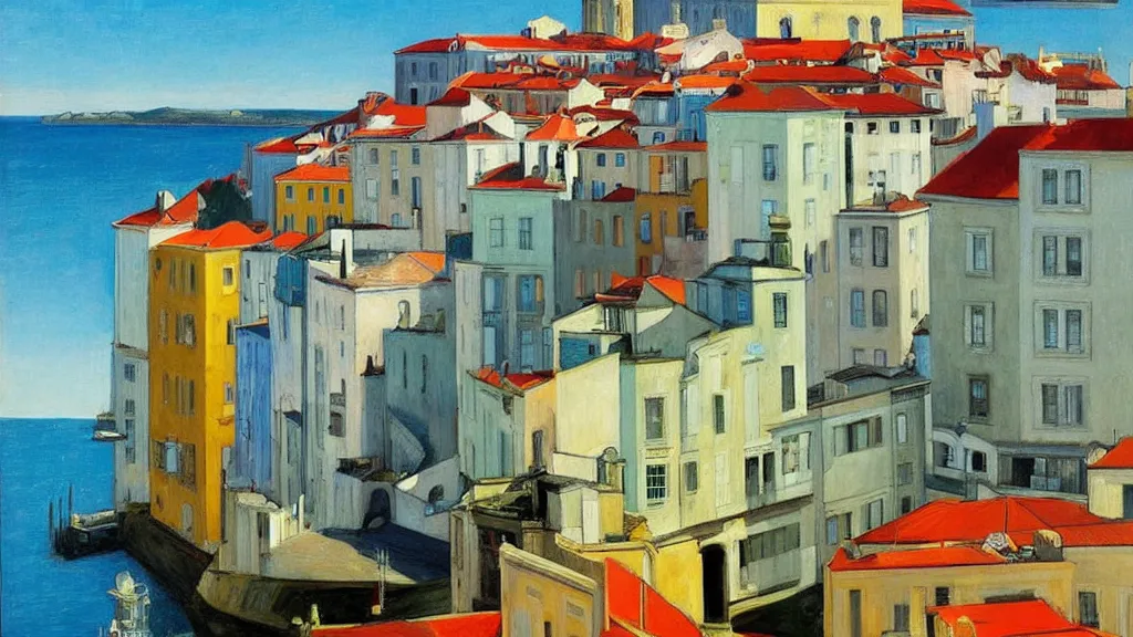 Image similar to Street art. paralyzed by the indescribable beauty of the cosmos. amazing view of the city of Lisbon. art style by Edward Hopper daring, incredible