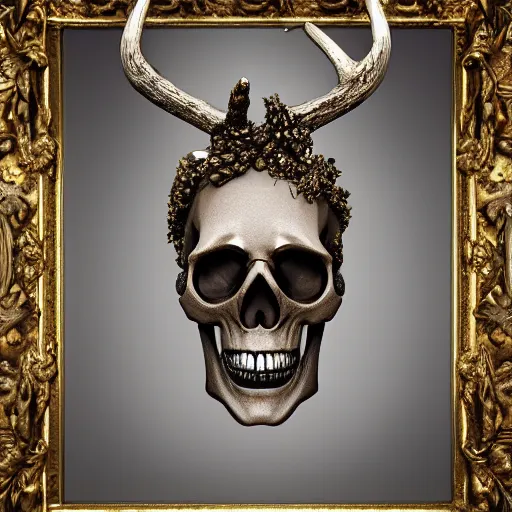 Prompt: a portrait of a beautiful ornate and intricate rococo skull with antlers and silver and gold details and diamonds inside a rococo frame, 4k, octane render, vray, unreal engine, photorealistic