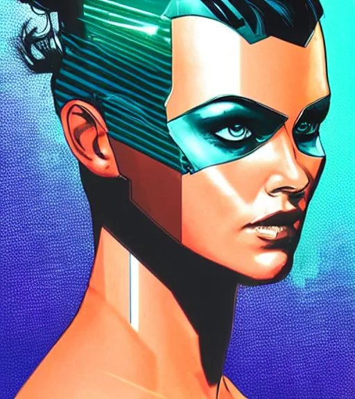 Prompt: synthwave female android, by MARVEL comics and Sandra Chevrier