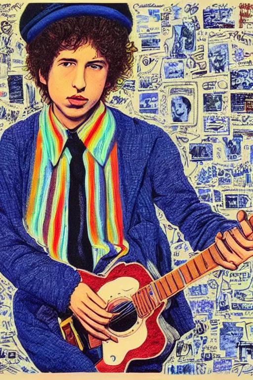 Image similar to “portrait of young bob Dylan, by Robert crumb, colourful, detailed”