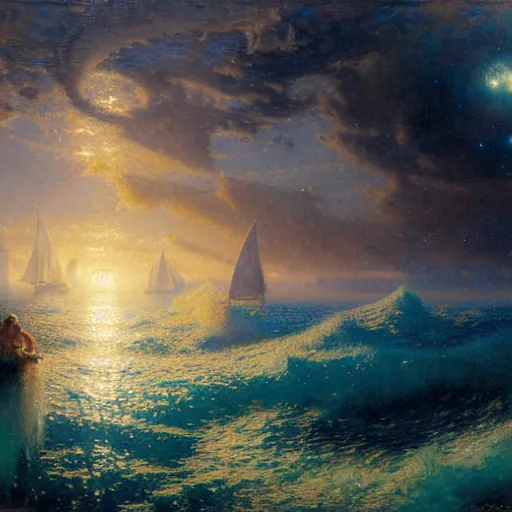 Image similar to point of view of deep in the ocean looking up, you see fishes, higher the milk way, night time, midnight. highly detailed painting by gaston bussiere, greg rutkowski 8 k