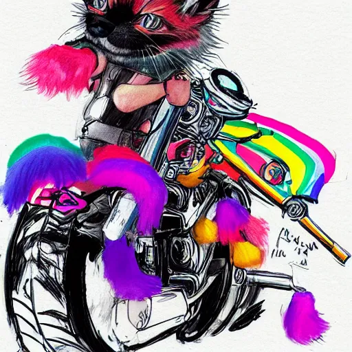 Image similar to wide angle full body, jacket wearing fluffy cute rainbow kitten wearing a black leather motorcycle jacket, riding on a motorcycle, cinematic concept art