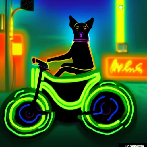 Image similar to dog riding a neon bike in the night, digital art, hd, high quality, trending on artstation