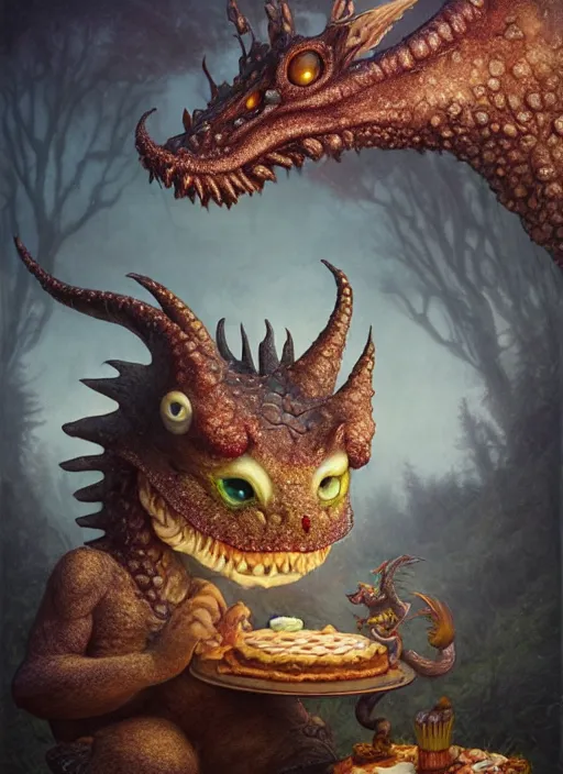 Image similar to highly detailed closeup portrait of a fairytale dragon eating cakes, unreal engine, nicoletta ceccoli, mark ryden, earl norem, lostfish, hyung tae, frank frazetta, global illumination, detailed and intricate environment