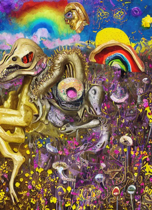 Image similar to expressionistic decollage painting golden armor alien zombie horseman riding on a translucent bone dragon broken rainbow diamond maggot horse in a blossoming meadow full of colorful mushrooms and golden foil toad blobs in a golden sunset, distant forest horizon, painted by Adrian Ghenie, Danny Fox and Hilma af Klint, pixelated, buff, color field painting, graffiti tag, byzantine art, naive. Mark Rothko painting, part by Philip Guston and Frank Stella art by Barnett Newman, 8k, extreme detail, intricate detail, masterpiece