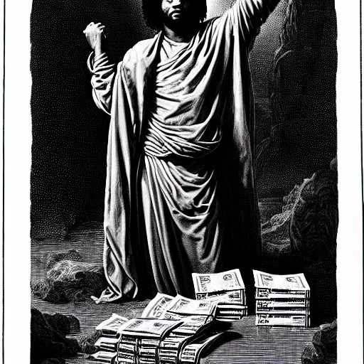 Prompt: fredo santana rapper holding stacks of cash, biblical image, style of gustave dore, highly detailed, beautiful, high contrast, black and white