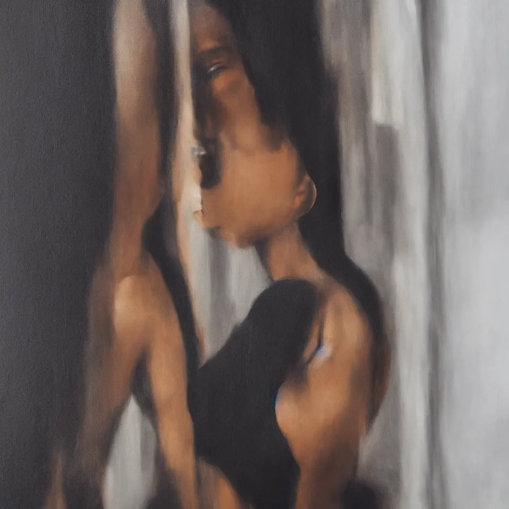 Prompt: realistic beautiful black female standing next to a window, canvas