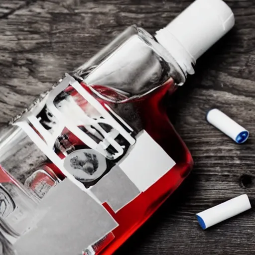 Prompt: blood flows from a bottle of vodka, next to a pack of cigarettes, photo in color