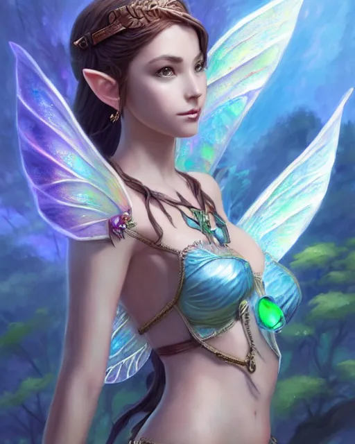 Prompt: seductive legend of zelda great fairy fountain side portrait, big leaf bra, iridescent wings, highly detailed, d & d, fantasy, highly detailed, digital painting, trending on artstation, concept art, sharp focus, illustration, art by artgerm and greg rutkowski and fuji choko and viktoria gavrilenko and hoang lap