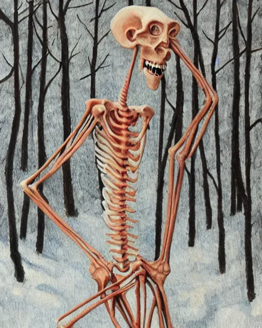 Prompt: Painting of a pale, emaciated, and lanky humanoid creature. It has long bony arms and legs and its ribs are visible. It had sharp teeth and claws with pale milky eyes; snow, woods, blood