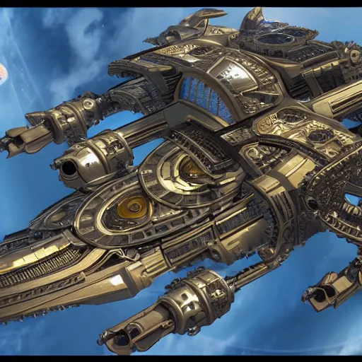 Prompt: advanced futuristic starship colony ship flying across the galaxy, steampunk with gears and cogs and lasers
