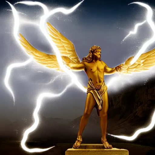 Image similar to Celestial Angel shooting a Lightning Bolt at Zeus, cinematic