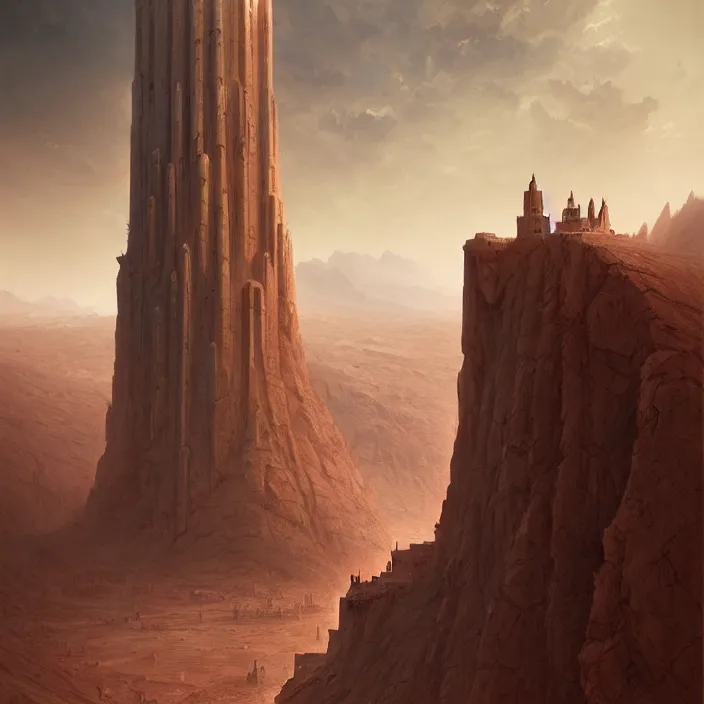 Image similar to matte painting by marc simonetti, jonathan solter, greg rutkowski of a single tower in the desert, masterpiece, cinematic, hyperdetailed, photorealistic, hyperrealism, architecture, aerial view,